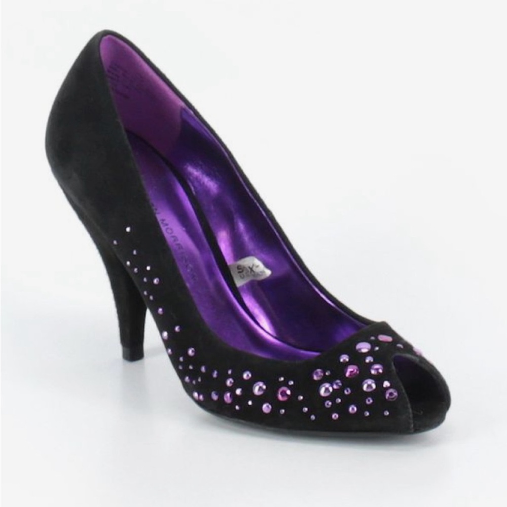 Sigerson Morrison for Target black suede, purple rhinestone heels
